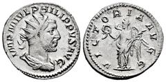 Roman Imperial Philip I. Antoninianus. 245 AD. Rome. (Spink-8972). (Ric-51). Rev.: VICTORIA AVGG, Victory standing left, holding wreath and palm. Ag. 3,30 g. Choice VF/VF. Est...40,00. Spanish Descrip