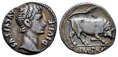 Roman Imperatorial Augustus. Denarius. 15-13 BC. Lugdunum. (Ffc-108). (Ric-167a). (Cal-826). Anv.: AVGVSTVS DIVI. F. bare head of Augustus right. Rev.: IMP. X. in exergue, bull butting right. Ag. 3,50