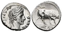 Roman Imperatorial Augustus. Denarius. 11-10 BC. Lugdunum. (Rsc-155). (Ffc-120). (Ric-187a). (Cal-839). Anv.: AVGVSTVS DIVI. F laureate head of Augustus right. Rev.: IMP. XII in exergue, bull butting 