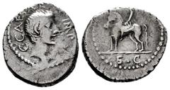 Roman Imperatorial Augustus. Denarius. 43 BC. Military mint moving . (Rsc-246). (Ffc-170). (Ric-490/1). (Cal-655). Anv.: C. CAESAR IMP. bare head of Octavian right. Rev.: S.C. below equestrian statue 