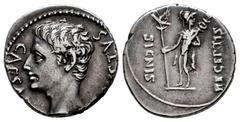 Roman Imperatorial Augustus. Denarius. 19 BC. Colonia Patricia (Córdoba). (Rsc-262). (Ffc-179). (Ric-81). (Cal-748). Anv.: CAESAR AVGVSTVS bare head of Augustus left. Rev.: SIGNIS RECEPTIS at sides of