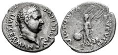 Roman Imperial Vitellius. Denarius. 69 AD. Tarraco (?). (Ric-37). (Bmc-92). (Rsc-100). Anv.: A VITELLIVS IMP GERMAN, laureate head of Vitellius to left, with palm (?) and globe at point of bust. Rev.: