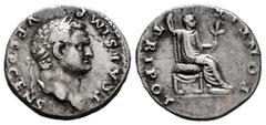 Roman Imperial Titus. Denarius. 73 AD. Rome. (Ric-556 Vespasiano). (Bmcre-116). (Rsc-169). Anv.: T CAES IMP VESP CENS, laureate head right. Rev.: PONTIF TRI POT, Titus, togate, seated right, feet on f