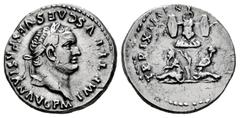 Roman Imperial Titus. Denarius. 80 AD. Rome. (Ric-102). (Bmcre-37). (Rsc-306). Anv.: IMP TITVS CAES VESPASIAN AVG P M, laureate head right. Rev.: TR P IX IMP X(V COS VIII P P). trophy of arms, at base