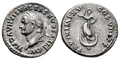 Roman Imperial Titus. Denarius. 79-81 AD. Rome. (Ric-113 var). (Rsc-310). Anv.: IMP TITVS CAES VESPASIAN AVG P M, laureate head left. Rev.: COS VIII P P TR P IX IMP XV, Dolphin coiled around anchor. .