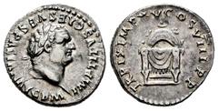 Roman Imperial Titus. Denarius. 80 AD. Rome. (Ric-II 2.122). (Bmcre-58). (Rsc-313a). Anv.: IMP TITVS CAES VESPASIAN AVG P M, laureate head to right. Rev.: TR P IX IMP XV COS VIII P P, throne with roun