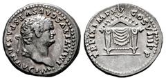 Roman Imperial Titus. Denarius. 80 AD. Rome. (Ric-II 2.122). (Bmcre-58). (Rsc-313). Anv.: IMP TITVS CAES VESPASIAN AVG P M · , laureate head to right. Rev.: TR P IX IMP XV COS VIII P P, throne with ba