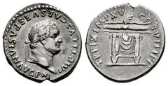 Roman Imperial Titus. Denarius. 80 AD. Rome. (Ric-119). (Bmcre-51/4). (Rsc-316). Anv.: IMP TITVS CAES VESPASIAN AVG P M, laureate head right . Rev.: TR P IX IMP XV COS VIII P P, Throne of Jupiter: squ