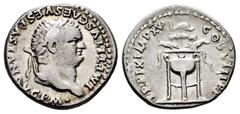 Roman Imperial Titus. Denarius. 80 AD. Rome. (Ric-128). (Rsc-323a var). Anv.: IMP TITVS CAES VESPASIAN AVG P M, laureate head right. Rev.: TR P IX IMP XV COS VIII P P, tripod with herons; dolphin abov