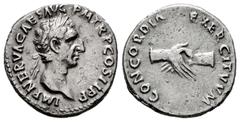 Roman Imperial Nerva. Denarius. 97 AD. Rome. (Ric-II 14). (Bmcre-25). (Rsc-16). Anv.: IMP NERVA CAES AVG P M TR P COS II P P, laureate head to right. Rev.: CONCORDIA EXERCITVVM, clasped hands . Ag. 2,