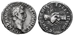 Roman Imperial Nerva. Denarius. 97 AD. Rome. (Ric-II 14). (Bmcre-25). (Rsc-20). Anv.: IMP NERVA CAES [AVG P] M TR P COS III P P, laureate head to right. Rev.: CONCORDIA EXERCITVVM, clasped hands. Ag. 