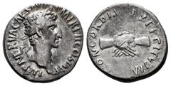 Roman Imperial Nerva. Denarius. 97 AD. Rome. (Ric-II 14). (Bmcre-25). (Rsc-22). Anv.: IMP NERVA CAES AVG P M TR P II COS III P P, laureate head to right. Rev.: CONCORDIA EXERCITVVM, clasped hands. Ag.