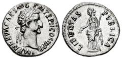 Roman Imperial Nerva. Denarius. 96 AD. Rome. (Ric-7). (Bmcre-17). (Rsc-117). Anv.: IMP NERVA CAES AVG P M TR P II COS III P P, laureate bust to right. Rev.: LIBERTAS PVBLICA, libertas standing left, h