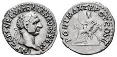 Roman Imperial Trajan. Denarius. 98-99 AD. Rome. (Ric-11). (Bmcre-9). (Rsc-301). Anv.: IMP CAES NERVA TRAIAN AVG GERM, laureate head right. Rev.: PONT MAX TR POT COS II, Justitia or Abundantia seated 