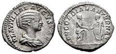 Roman Imperial Plautilla. Denarius. 202 AD. Rome. (Ric-361 Caracalla). (Rsc-10). Anv.: PLAVTILLAE AVGVSTAE, Busto drapeado a derecha . Rev.: CONCORDIAE AETERNAE, Plautilla y Caracalla en pie, dándose 