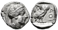 Greek Coins Attica. Tetradrachm. 454-404 BC. Athens. (Gc-2526). (Sng Cop-31). Anv.: Head of Athena right, wearing crested Attic helmet ornamented with three olive leaves above visor and spiral palmett