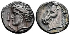 Greek Coins Sicily. Punic issues. Tetradrachm. 320/15-300 BC. Entella. (Hgc-2, 289). (Jenkins-Lewis-264). Anv.: Head of Arethousa right, wearing wreath of grain ears, triple-pendant earring, and pearl