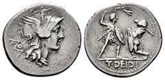 Roman Republican Didius. Titus Didius. Denarius. 112-113 BC. Uncertain mint. (Rsc-2). (Ffc-675). (Craw-294/1). (Cal-539). Anv.: Head of Roma right, monogram of ROMA behind. X below. Rev.: Two soldiers