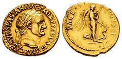 Roman Imperial Vespasian. Aureus. 71 AD. Lugdunum. (Ric-1130). (Bmc-400). (Cal-655). Anv.: IMP CAES VESPASIAN AVG P M TR P COS III. Laureate head right. Rev.: PACI AVGVSTI. Pax-Nemensis advancing righ