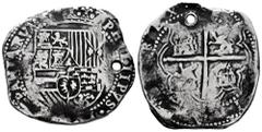 Philip II (1556-1598) Philip II (1556-1598). 8 reales. Potosí. B. (Cal-672). Ag. 26,91 g. Holed. This coin is exempt from any export license fee. Choice F. Est...120,00. Spanish Description: Felipe II