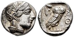 Greek Coins Attica. Tetradrachm. 454-404 BC. Athens. (Gc-2526). (Sng Cop-31). Anv.: Head of Athena right, wearing crested Attic helmet ornamented with three olive leaves above visor and spiral palmett