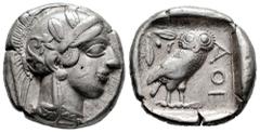 Greek Coins Attica. Athens. Tetradrachm. 454-404 BC. (Sng Cop-31). (Hgc-4, 1597). Anv.: Head of Athena to right, wearing crested Attic helmet ornamented with three olive leaves above visor and spiral 