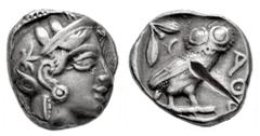 Greek Coins Attica. Tetradrachm. 454-404 BC. Athens. (Gc-2526). (Sng Cop-31). Anv.: Head of Athena right, wearing crested Attic helmet ornamented with three olive leaves above visor and spiral palmett