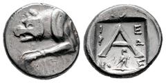 Greek Coins Argolis. Argos. Hemidrachm. 80-50 BC. (Bmc-114/5). (Bcd Peloponnesos-1177/8). Anv.: Forepart of wolf left. Rev.: Large A; in field, I – E/P – Ω/NO – Σ and beneath, eagle with folded wings 