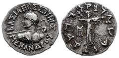 Greek Coins Kings of Bactria. Menander I Soter. Drachm. 155-130 BC. (Mitchiner-Type 221a). (Bopearachchi-Series 3E). Anv.: Diademed bust to left, wielding spear, aegis on shoulder; ΒΑΣΙΛΕΩΣ ΣΩΤΗΡΟΣ ΜΕ