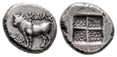 Greek Coins Bithynia. Kalchedon. Drachm. 367-340 BC. (SNG BM Black Sea-104). (Sng von Aulock-487/8). (Hgc-7, 511). Anv.: Bull standing to left on grain ear; KAΛX above, kerykeion and monogram to left.