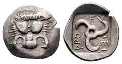 Greek Coins Lycia. Mithrapata. Diobol. 425-360 BC. (Müseler-VIII 29). (Sng Cop-476 sup.). Anv.: Facing lion's scalp. Rev.: Triskeles with legend arround, all within incuse square. Ag. 1,37 g. Choice V