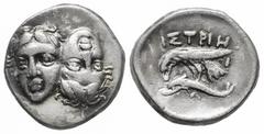 Greek Coins Moesia. Istros. Drachm. 256-240 BC. (SNG Stancomb-144). (SNG BM Black Sea-238). (Hgc-3.2). Anv.: Two young male heads facing inverted. Rev.: IΣTPIH above sea-eagle on dolphin left, A below