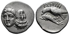 Greek Coins Moesia. Istros. Drachm. 313-280 BC. Rare with this control mark. (Sng Black Sea-231). Anv.: Two young male heads facing, side by side, one inverted. Rev.: Sea-eagle to left, clutching dolp