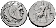 Greek Coins Pamphylia. Perge. Tetradrachm. CY 18 = 204/3 BC. In the name and types of Alexander III of Macedon. (Price-2930). (DCA-314). Anv.: Head of Herakles to right, wearing lion skin headdress . 