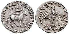 Greek Coins Indo-Skythians. Azes II. Tetradrachm. 58-12 BC. (Hgc-12, 637). (Senior-98.353vT). Anv.: BAΣIΛEΩΣ BAΣIΛEΩN MEΓAΛOY. Azes right on horseback, holding whip; gam in Karosthi to right. Rev.: Pa