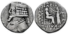 Greek Coins Kingdom of Parthia. Phraates IV. Tetradrachm. 38/7-2 BC. Seleukeia on the Tigris. (Sellwood-52.1). (Shore-274). Anv.: Diademed bust left. Rev.: Phraates seated right, receiving palm from T