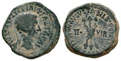 Celtiberian Coins Bilbilis. Augustus period. Half unit. 27 BC - 14 AD. Calatayud (Zaragoza). (Abh-281). Anv.: AVGVSTVS. DIVI. F. PATER. PATRIAE. around laureate head of Augustus right. Rev.: Sheaf of 
