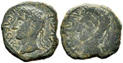 Celtiberian Coins Caesaraugusta. Time of Tiberius. Half unit. 14-36 AD. Zaragoza. (Abh-372). (Acip-3056). Anv.: TI. CAESAR. AVG. F. Laureate head of Tiberius right. Rev.: Laureate head of Augustus lef