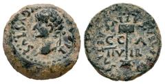 Celtiberian Coins Caesaraugusta. Time of Tiberius. Cuadrante. 14-36 AD. Zaragoza. (Abh-381). Anv.: TI. C(AESAR. A)VGVSTVS. Laureate head of Tiberius left. Rev.: Vexillum, in the center,C. C. A., II. V