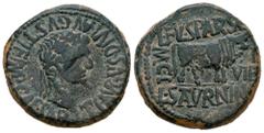 Celtiberian Coins Calagurris. Time of Tiberius. Unit. 14 - 36 BC. Calahorra (La Rioja). (Abh-429). Anv.: TI. AVGVS. DIVI. AVGVSTLF. IMP. CAESAR. Laureate head of Tiberius right. Rev.: Bull right, L. F