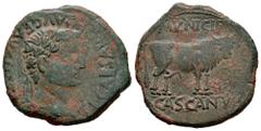 Celtiberian Coins Cascantum. Time of Tiberius. Unit. 14-36 d.C. Cascante (Navarra). (Abh-690). Anv.: TI. CAESAR. DIVI. AVG. F. AVGVSTVS. Laureate head of Tiberius right. Rev.: Bull right, MVNICIP abov