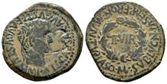 Celtiberian Coins Turiaso. Time of Tiberius. Unit. 27 BC - 14 AD. Tarazona (Zaragoza). (Abh-2455). Anv.: TI. CAESAR. AVG. F. AVGVSTVS. IMP. P.P. around laureate head of Tiberius right. Rev.: II. VIR w