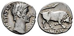 Roma Imperatorial Augustus. Denarius. 15-13 BC. Lugdunum. (Ffc-108). (Ric-167a). (Cal-826). Anv.: AVGVSTVS DIVI. F. bare head of Augustus right. Rev.: IMP. X. in exergue, bull butting right. Ag. 3,71 
