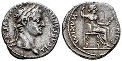 Roman Imperial Tiberius. Denarius. 16 AD. Lugdunum. (Spink-1763). (Ric-30). Anv.: TI CAESAR DIVI AVG F AVGVSTVS. Laureate head right. Rev.: PONTIF MAXIM; Livia seated right with sceptre. Ag. 3,70 g. V