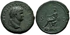 Roman Imperial Nero. Sestertius. 65 AD. Rome. (Ric-277). (Bmc-232). Anv.: NERO CLAVD CAESAR AVG GER PM TR P IMP PP, Laureate bust right. Rev.: ROMA S C, Rome in military dress, seated left on a armour