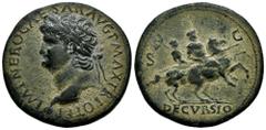 Roman Imperial Nero. Sestertius. 67 AD. Lugdunum. (Lyon-266). (Ric-582). Anv.: IMP NERO CAESAR AVG GERM P MAX TRIB POT PP, laureate bust left, globe at point of bust. Rev.: DECVRSIO in exergue, Nero, 