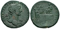 Roman Imperial Hadrian. Sestertius. 117-138 AD. Rome. (Ric-163). Anv.: IMP CAESAR TRAIANVS HADRIANVS AVG. Laureate bust right, with slight drapery. Rev.: PONT MAX TR POT COS II. Hadrian seated left on