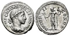 Roman Imperial Severus Alexander. Denarius. 223 AD. Rome. (Ric-IV 23). (Bmcre-92). (Rsc-231). Anv.: IMP C M AVR SEV ALEXAND AVG, laureate and draped bust to right. Rev.: P M TR P II COS P P, Mars stan
