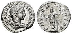Roman Imperial Severus Alexander. Denarius. 223 AD. Rome. (Ric-IV 23). (Bmcre-92). (Rsc-231). Anv.: IMP C M AVR SEV ALEXAND AVG, laureate and draped bust to right. Rev.: P M TR P II COS P P, Mars stan