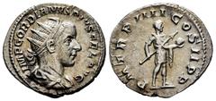 Roman Imperial Gordian III. Antoninianus. 241-243 AD. Rome. (Ric-9). Anv.: IMP GORDIANVS PIVS FEL AVG, radiate, draped and cuirassed bust right. Rev.: P M TR P IIII COS II P P, emperor in military dre